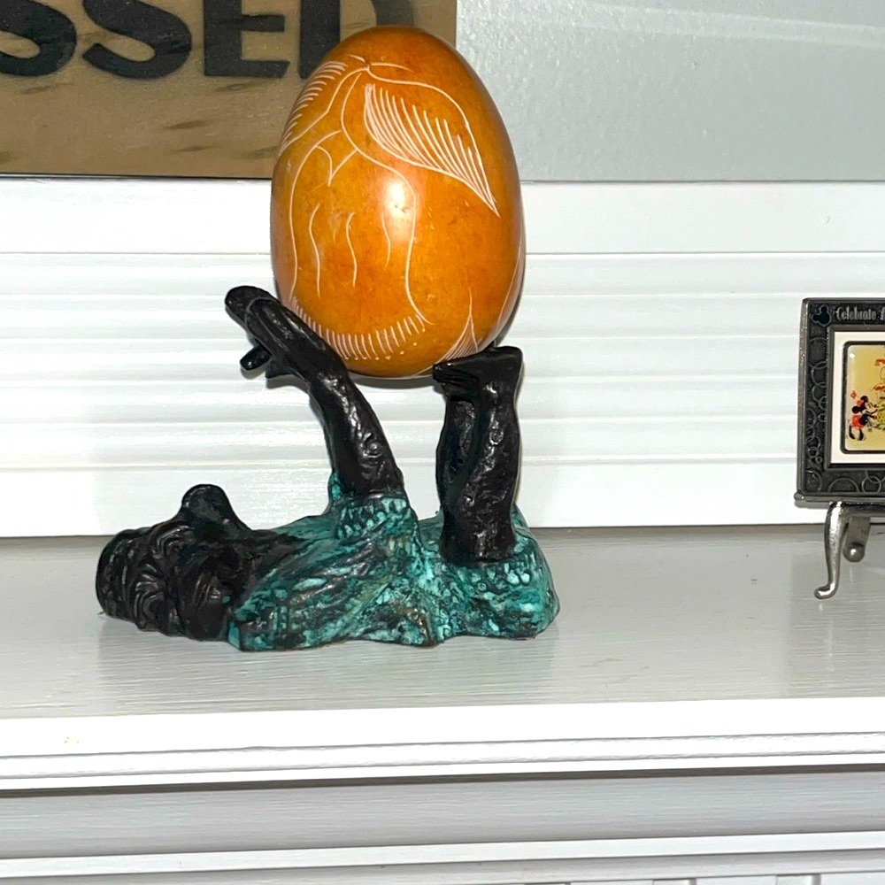 Bronze Bellhop Monkey Holder Vintage Feet and Arms Up With Natural Carved Egg